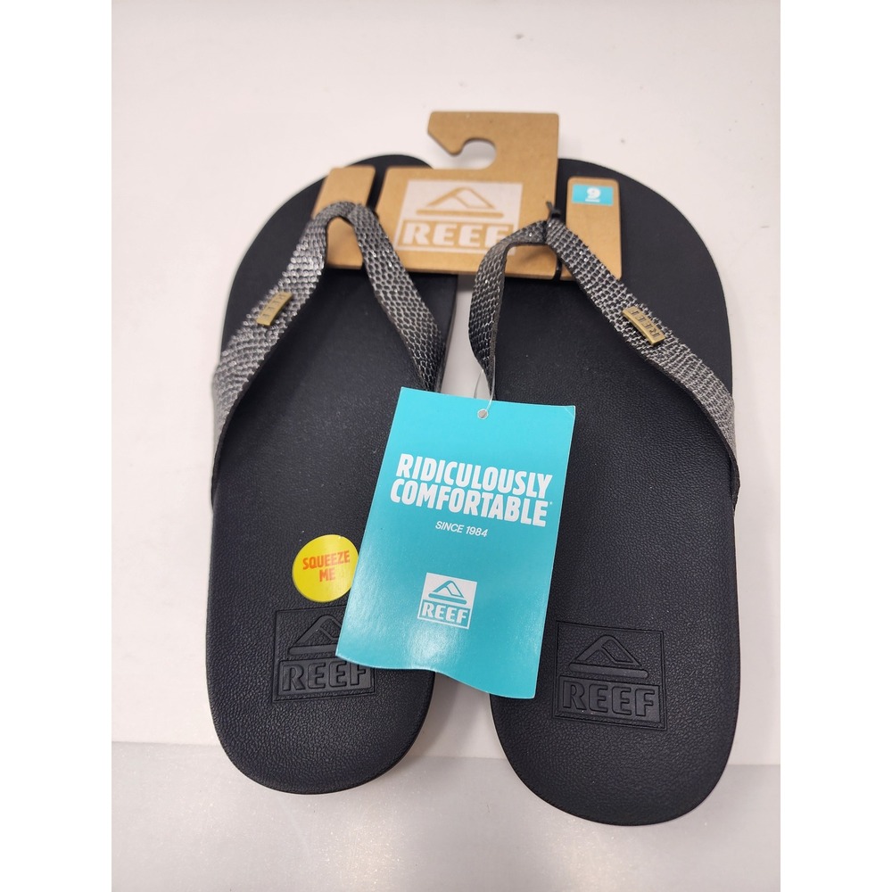 Reef Womens Cushion Court Flip Flops Black Faux Leather Casual Size 9